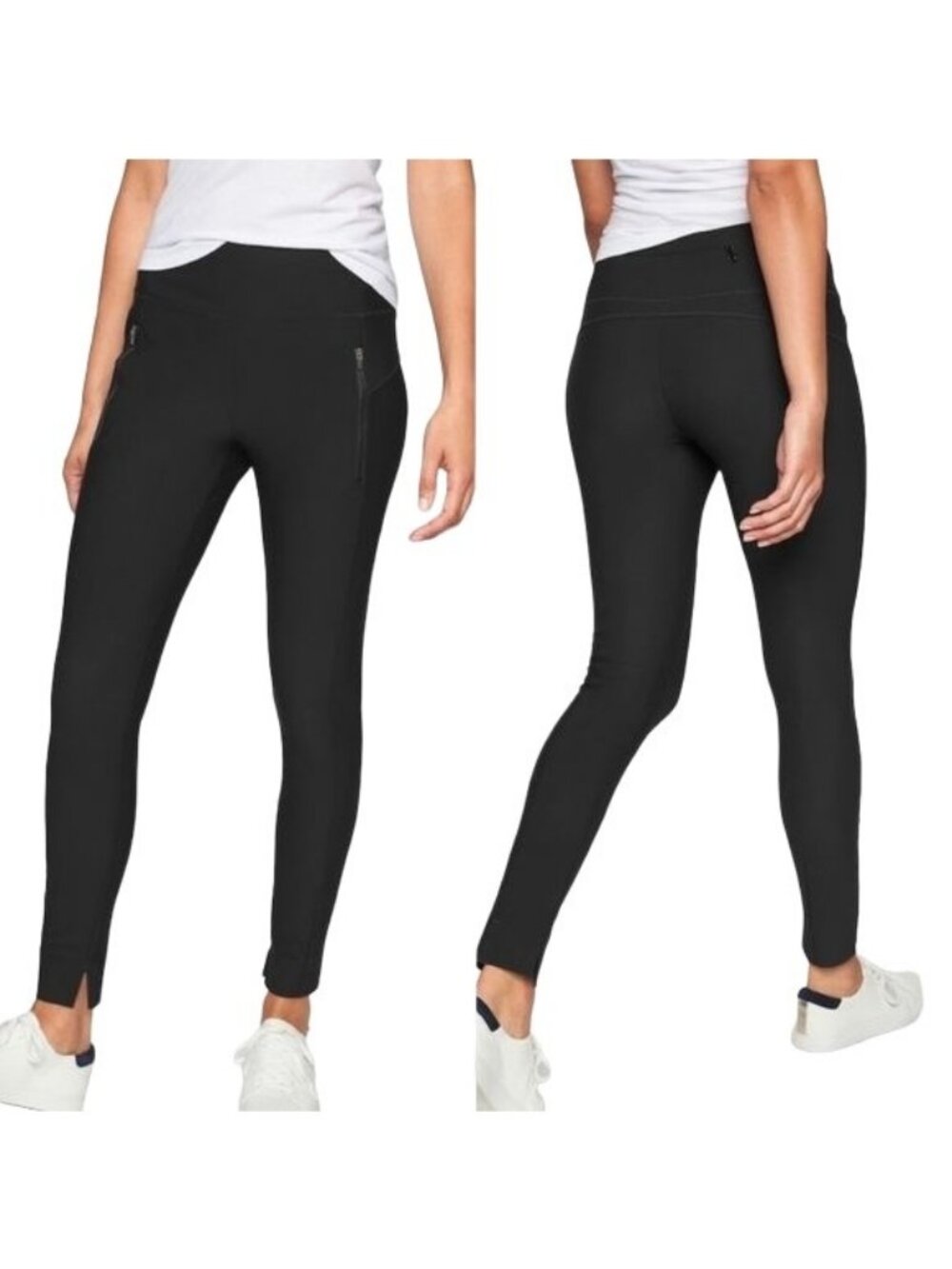 Athleta Black Pull On Skinny Stellar Legging Pants Ankle Slits Size Small
